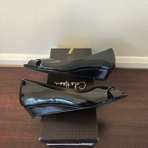 Cole Haan Women's black patent leather open peep toe pumps shoes size US 7,5